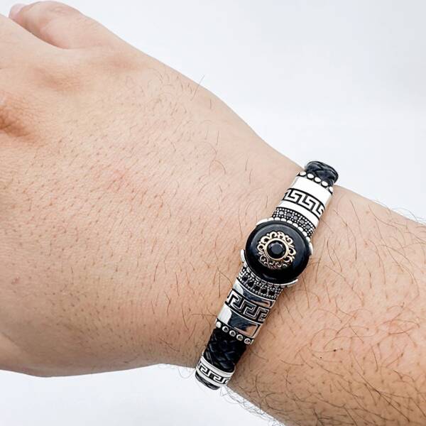 Bracelet éthnique en cuir avec onyx noir pour homme