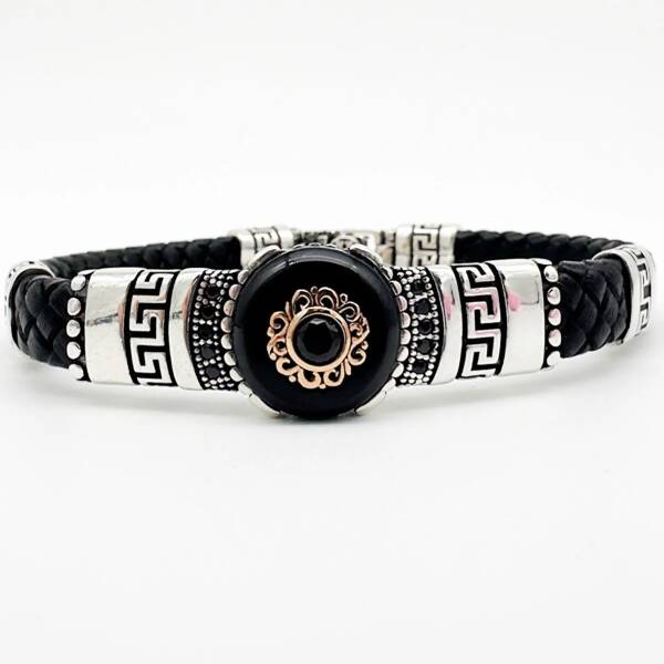 Bracelet éthnique en cuir avec onyx noir pour homme