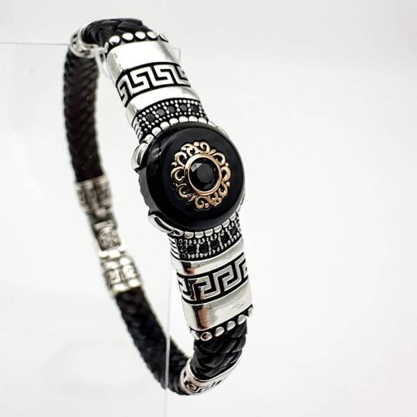 Bracelet éthnique en cuir avec onyx noir pour homme