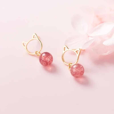 Boucles d'oreilles chat en quartz fraise