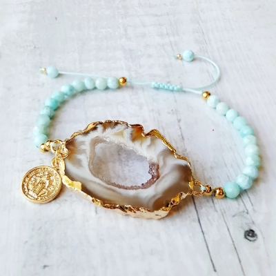 Bracelet en perles de larimar avec druse d'agate