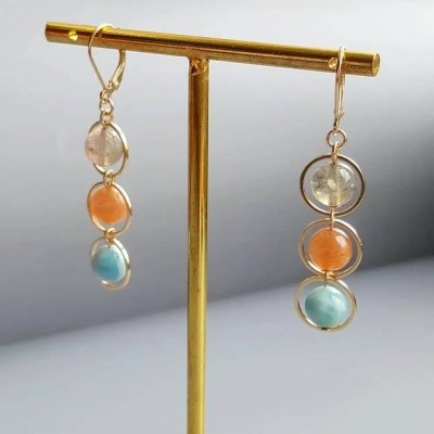 Boucles d'oreilles en larimar, pierre de soleil et labradorite