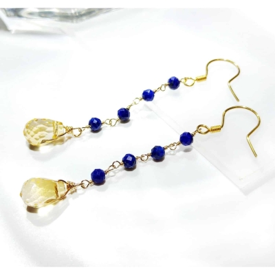 Boucles d'oreilles pendantes avec citrine et lapis lazuli