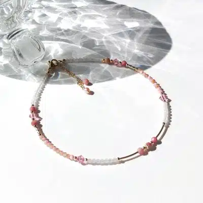Bracelet de cheville bohème avec rhodochrosite et quartz rose