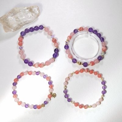 Bracelet en rhodochrosite, améthyste et quartz rose