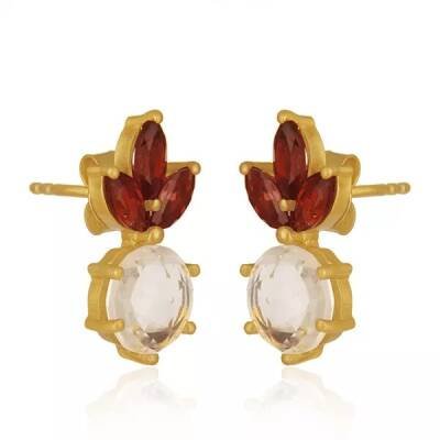 Boucles d'oreilles clous en cristal de roche et grenat
