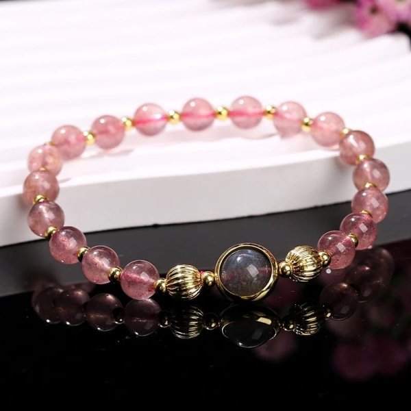 Bracelet en quartz fraise et pierre de lune grise