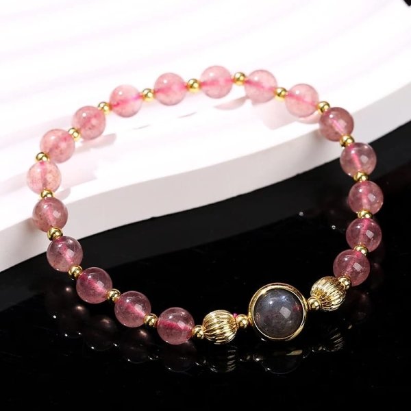 Bracelet en quartz fraise et pierre de lune grise