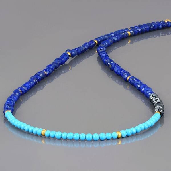 Collier en lapis lazuli, spinelle noir et turquoise