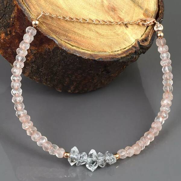 Bracelet en quartz rose et diamant d'herkimer