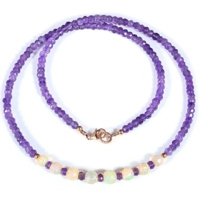 Collier en pierres d'améthyste et d'opale éthiopienne