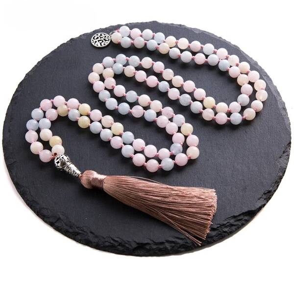 Collier mala avec 108 perles de morganite et béryls