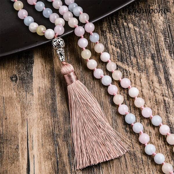 Collier mala avec 108 perles de morganite et béryls