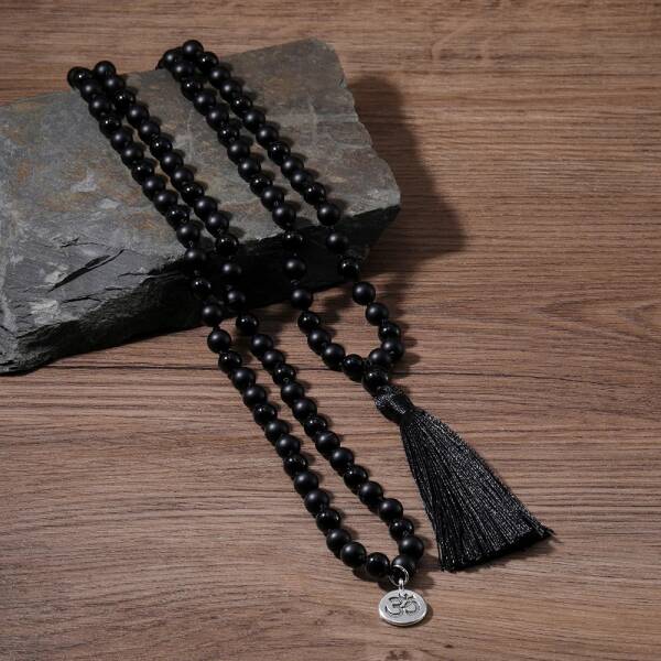 Collier mala avec 108 perles d'onyx noir