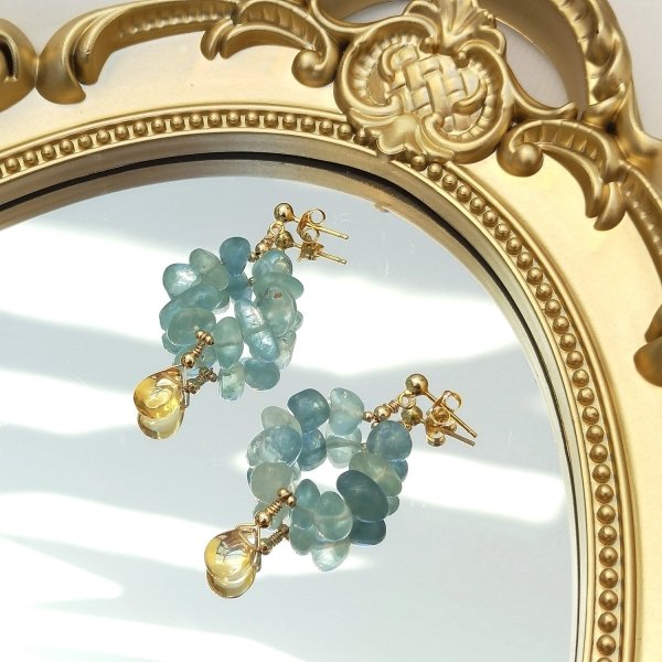 Boucles d'oreilles pendantes en aigue-marine et citrine