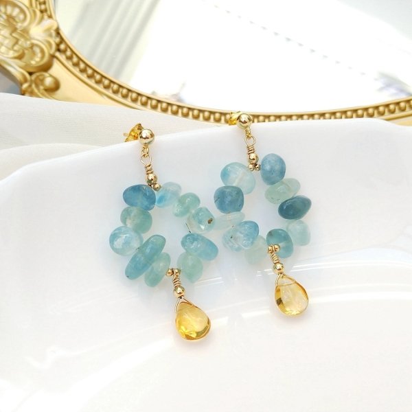 Boucles d'oreilles pendantes en aigue-marine et citrine