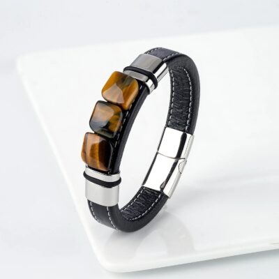 Bracelet magnétique en cuir et oeil de tigre pour homme