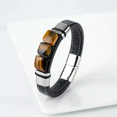 Bracelet magnétique en cuir et oeil de tigre pour homme