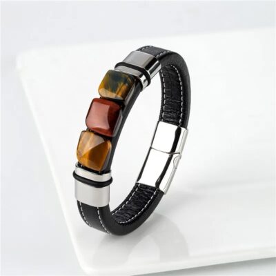Bracelet magnétique en cuir et oeil de tigre pour homme