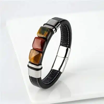 Bracelet magnétique en cuir et oeil de tigre pour homme