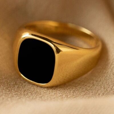 Lithos Style 34 Chevalière pour homme plaqué or avec onyx