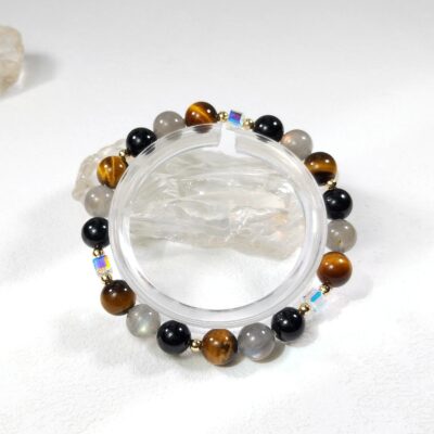 Bracelet en tourmaline noire, oeil de tigre et labradorite