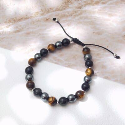 Bracelet en oeil de tigre, hématite et obsidienne